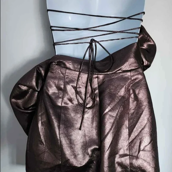 Zara Metallic Chocolate Brown Mini Dress with Sculptural Rose Detail - Picture 4 of 7